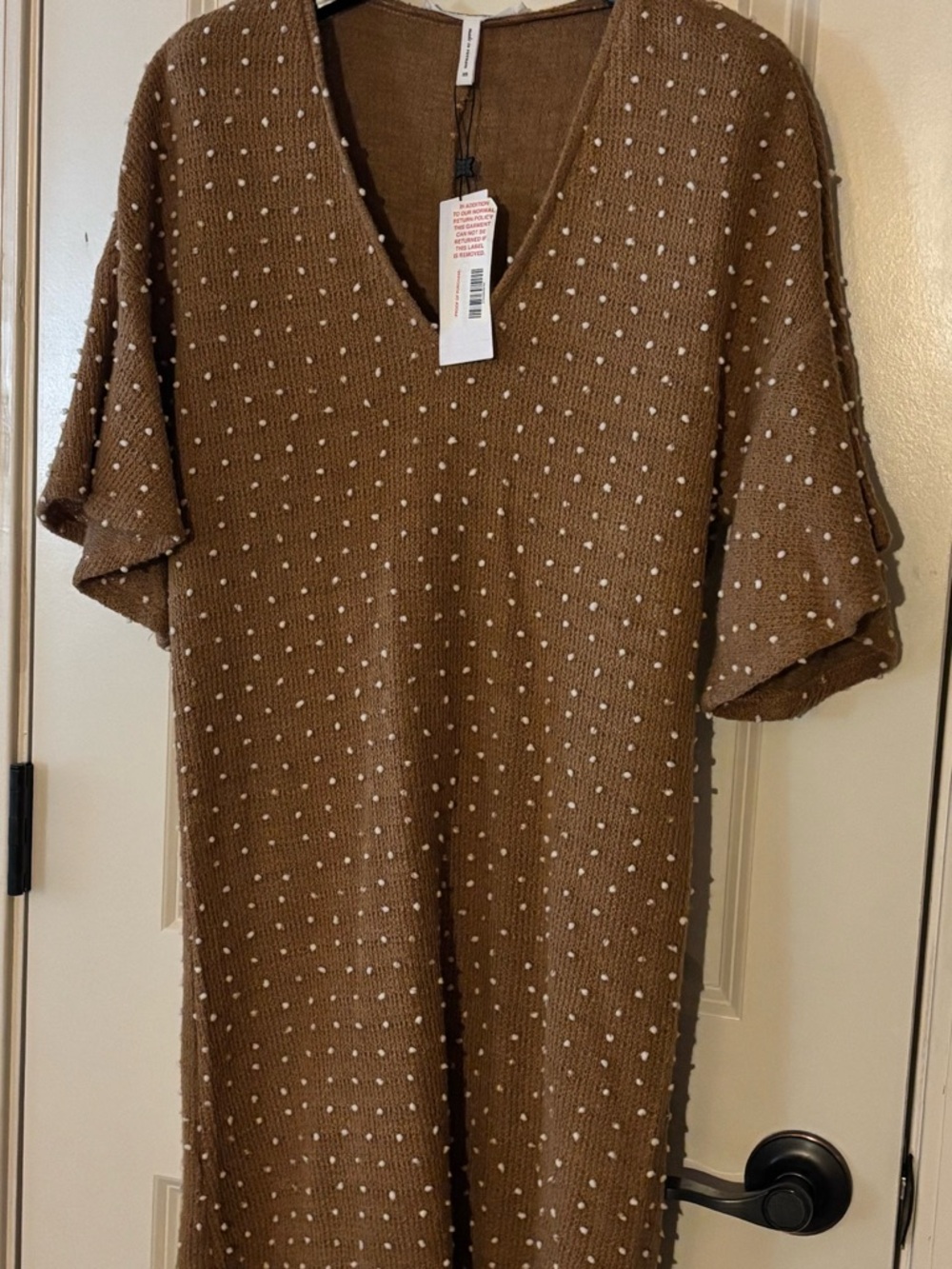 BCBGeneration Caramel Knit V‑Neck Dress with White Dot Texture